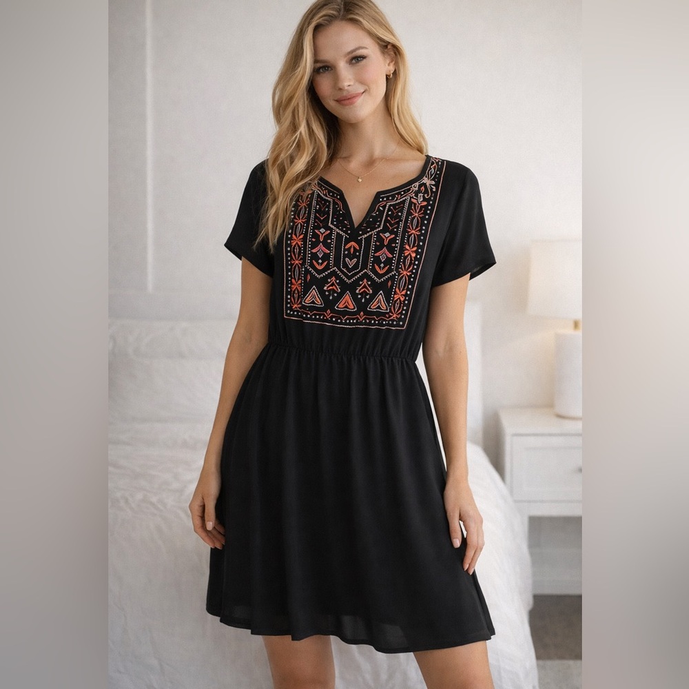 Tory Burch Black Mini Dress with Red Pattern